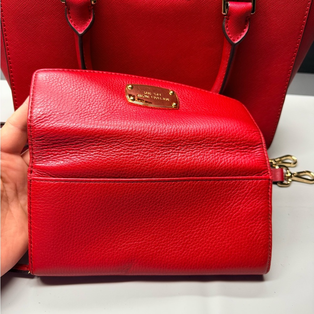 Michael Kors Red Satchel Top Handle Bag & Strap Wallet Set Gold Hardware - Picture 5 of 11